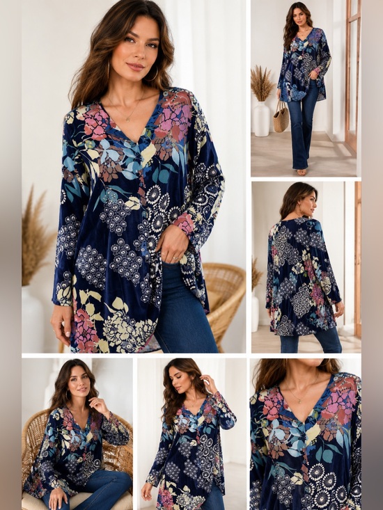 Johnny Was Tops - Johnny Was Sierra Burnout Cya Tunic Blue Floral. Size L. NWT! Trending 2025